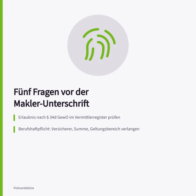 Karte: fünf Prüffragen zu Maklererlaubnis, Haftpflicht und Honorar vor Unterschrift. 5 Fragen an den Gewerbemakler vor der Unterschrift