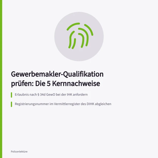 Checkliste zur Prüfung der Qualifikation eines Gewerbemaklers mit fünf Schritten. Wie prüfe ich die Qualifikation eines Gewerbemaklers?
